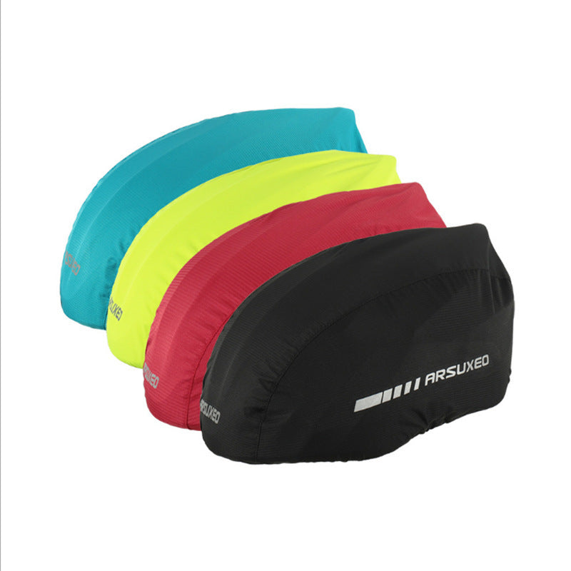 Four colorful Waterproof Reflective Cycling Helmet Covers with 'ARSUXEO' branding on a white background
