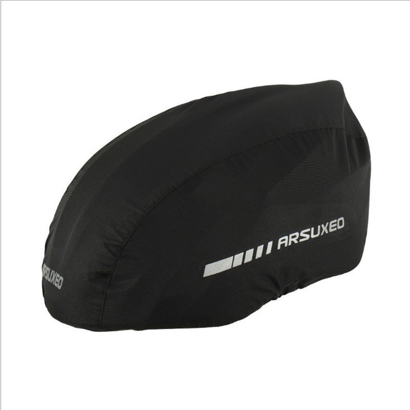 Black bicycle helmet cover with 'ARSUXEO' branding on a white background
