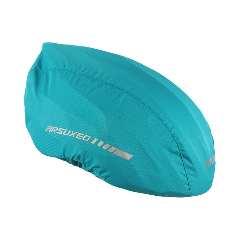Teal bicycle helmet cover with 'ARSUXEO' branding on a white background