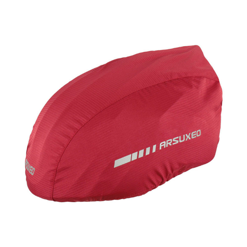 Red bicycle helmet cover with 'ARSUXEO' branding on a white background