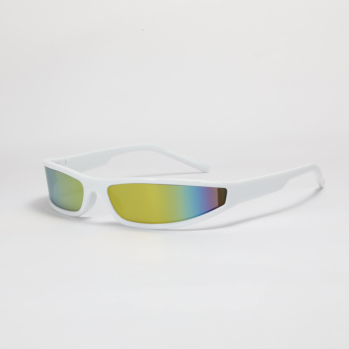 White cycling sunglasses with multicolored lenses on a light gray background