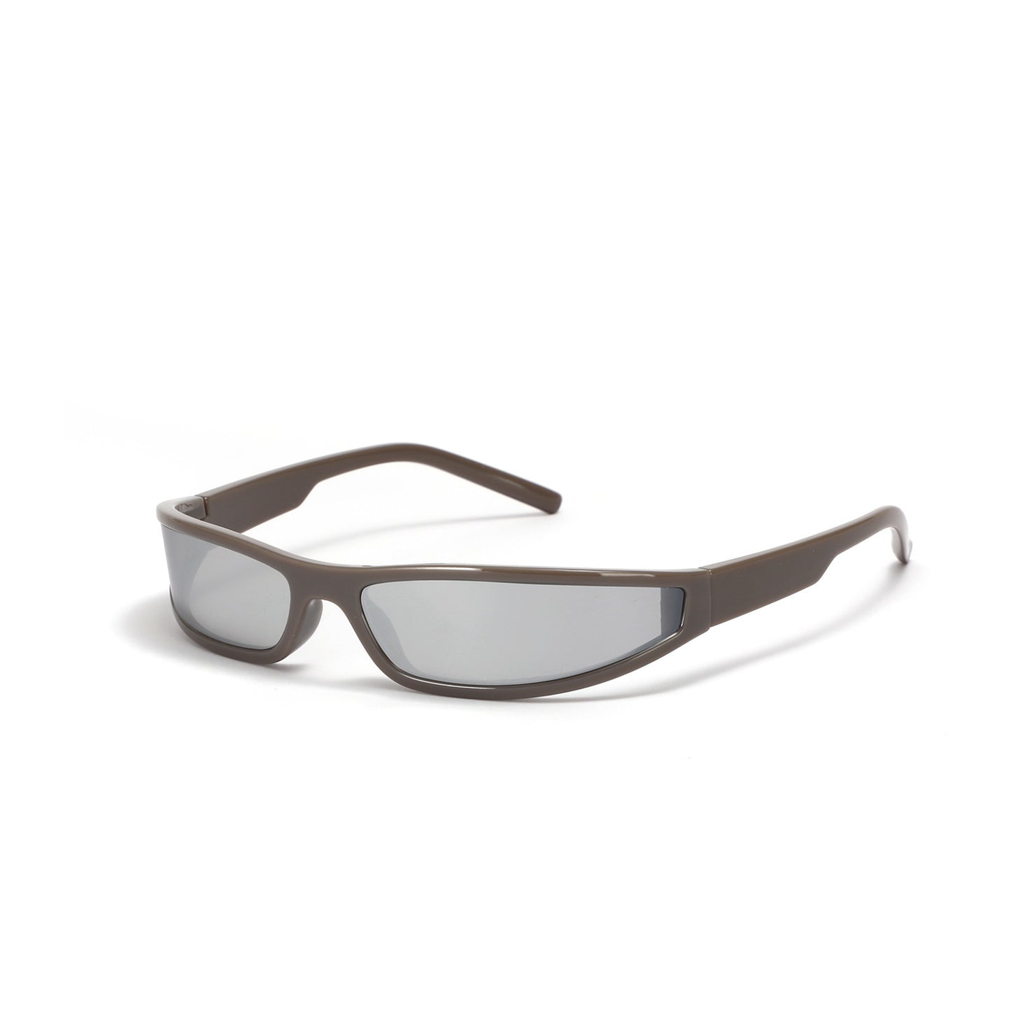 Sunglasses with brown frame and reflective lenses on a white background