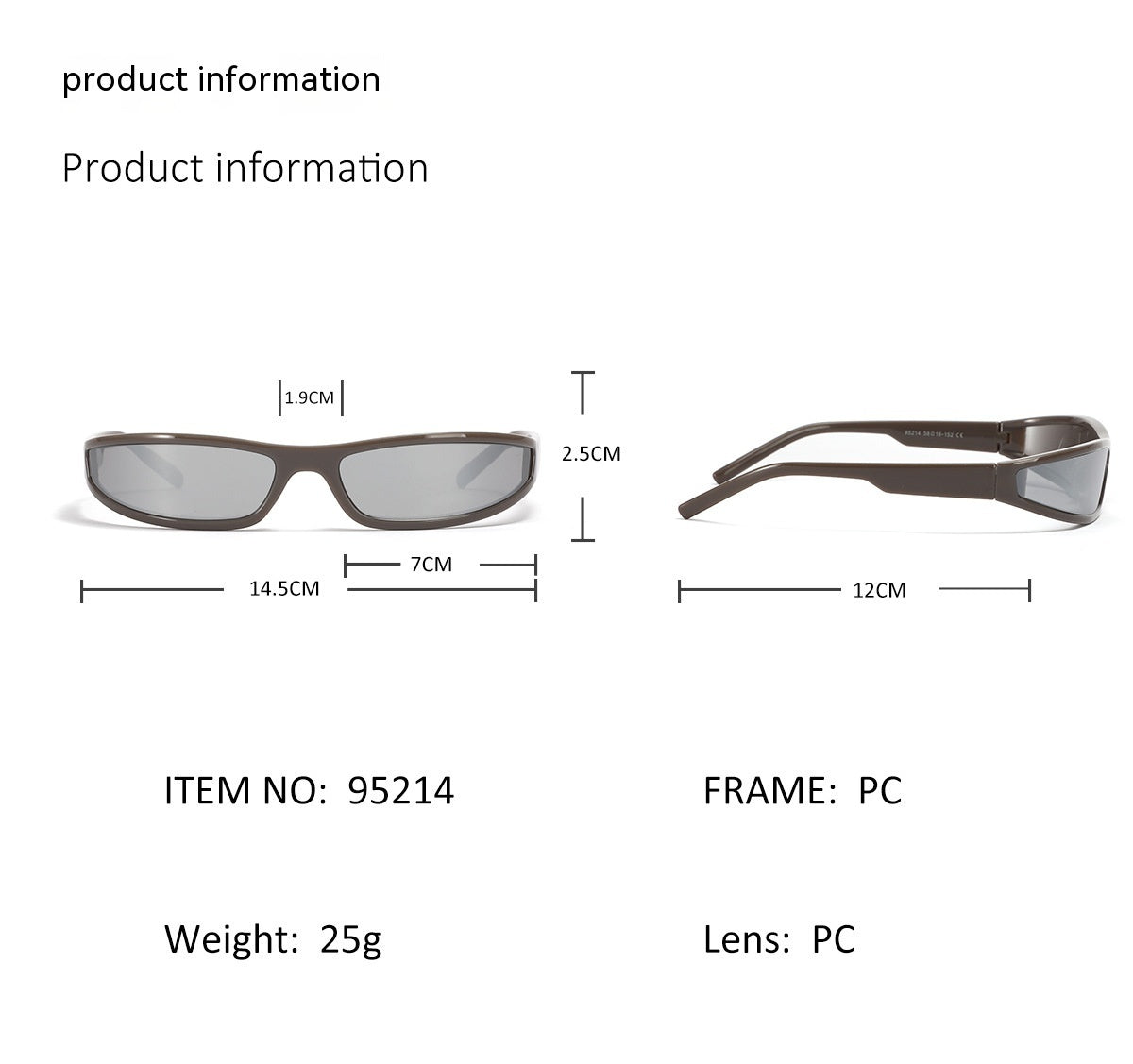 Measurement chart of black cycling sunglasses with dimensions and product details on a white background