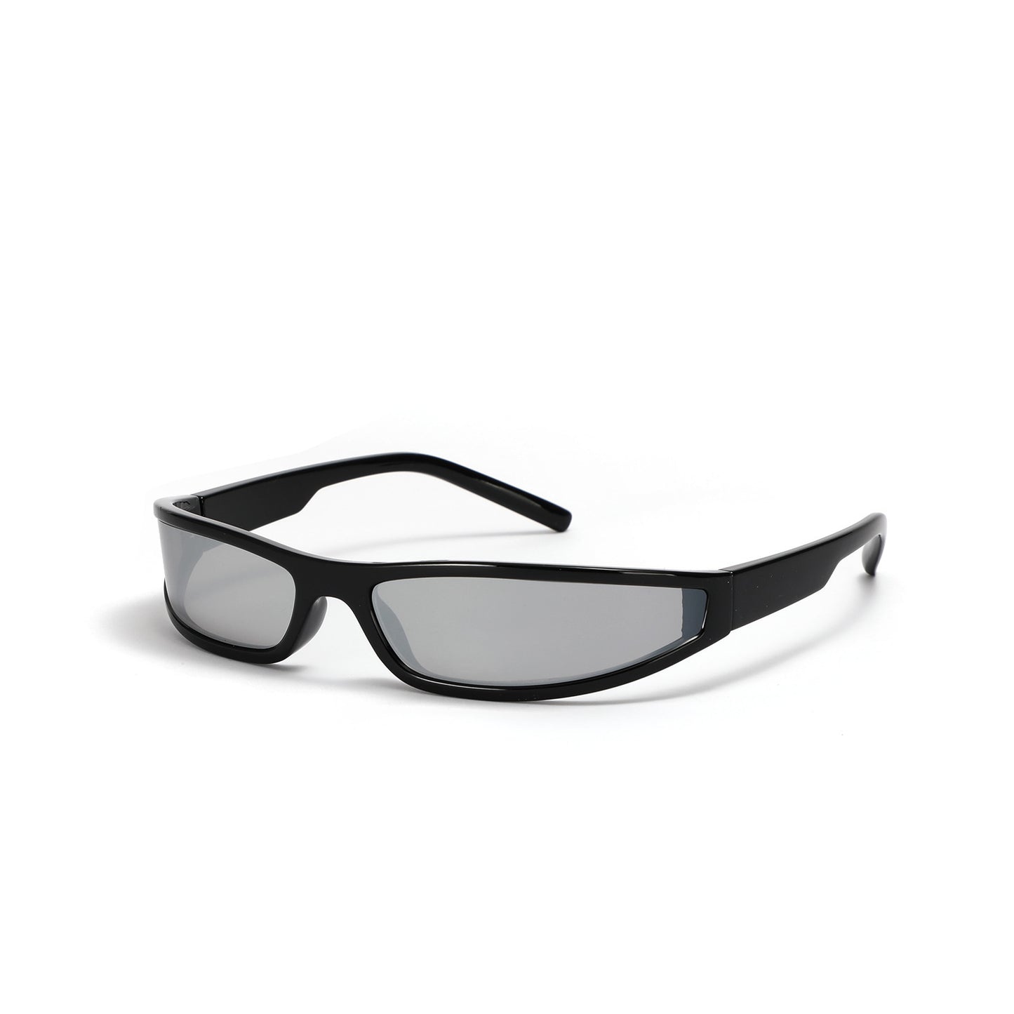 Black sunglasses with reflective lenses on a white background