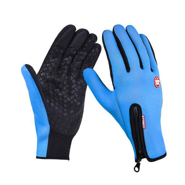 Sky blue, water-resistant, touchscreen cycling gloves with non-slip textured palm and rear zip on a white background