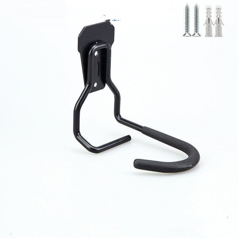 Black metal wall hook with screws on a white background