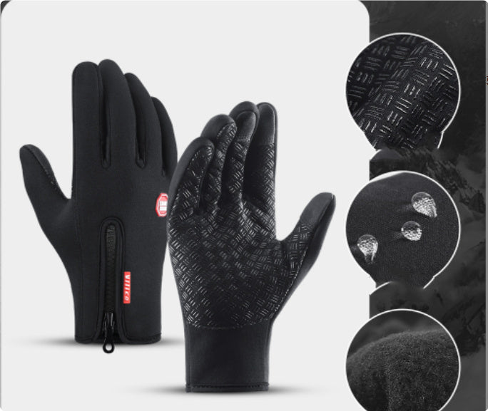Black, water-resistant, touchscreen cycling gloves with non-slip textured palm and rear zip on a black background