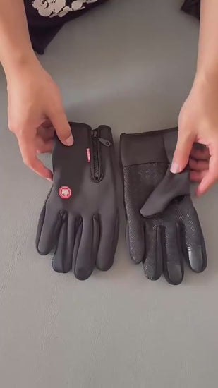Video of black, water-resistant, touchscreen cycling gloves with non-slip textured palm and rear zip 