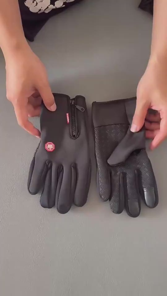 Video of black, water-resistant, touchscreen cycling gloves with non-slip textured palm and rear zip 
