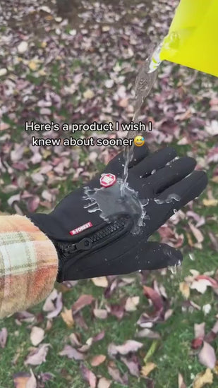 Video of black, water-resistant, touchscreen cycling gloves with non-slip textured palm and rear zip 