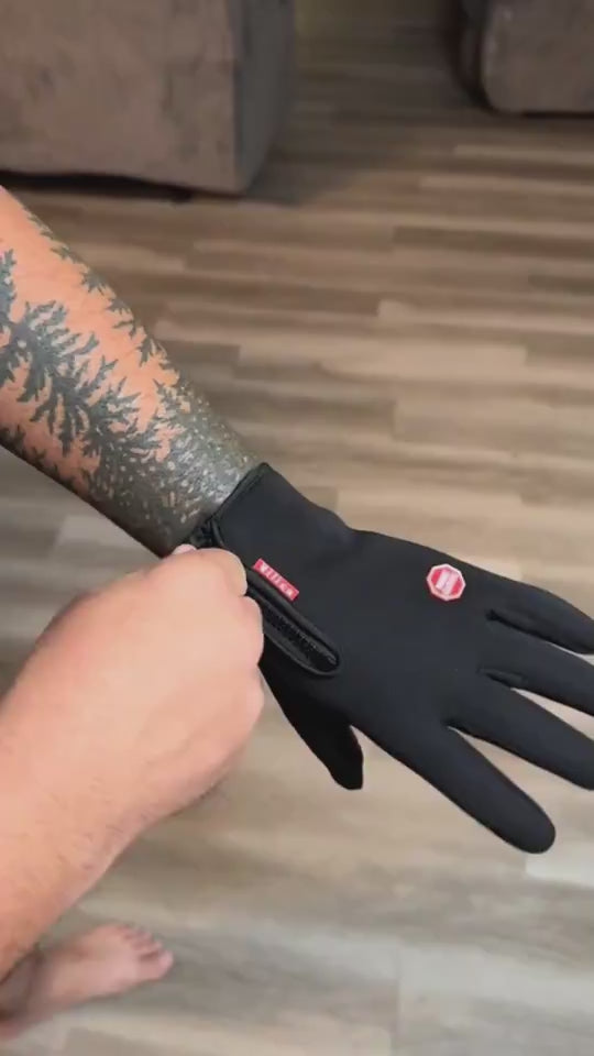 Video of black, water-resistant, touchscreen cycling gloves with non-slip textured palm and rear zip 